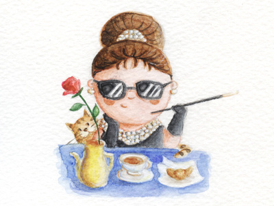 Audrey artist audrey audrey hepburn breakfast breakfast at tiffanys cat child fanart tiffany watercolor