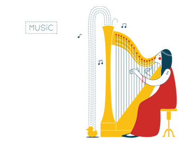 Woman playing the harp blue harp harpist music notes red river water white woman yellow