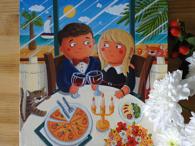 Lovers acrylic boy canvas cat dinner flower girl love lovers pizza restaurant