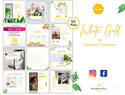 Templates for instagram posts tone white and gold banner branding branding kit canva engagement post facebook template graphic design instag instagram template motion graphics post templates story