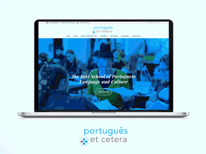 Website Home Page Mockup - Português Et Cetera animation blue design desktop graphic homepage mockup responsive school web website wireframe