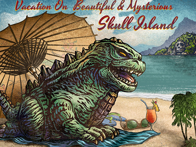 Skull Island art chet phillips godzilla humor illustration kaiju monster postcard skull island