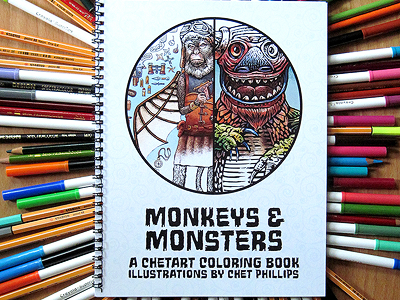 Monkeys And Monsters Coloring Book adult coloring book art book chet phillips chetart color coloring book crayon illustration kaiju markers steampunk