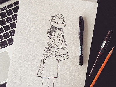 Girl With Hat And Coat fashion girl illustration line drawing