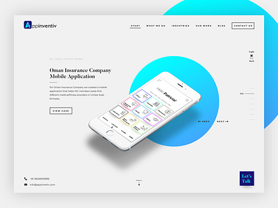 Appinventiv - homepage concept with light/dark switch button.