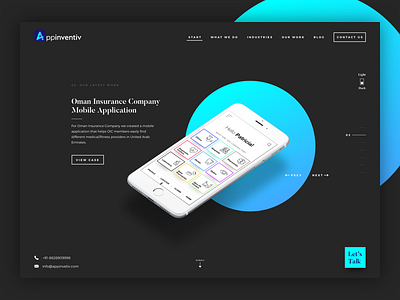 Appinventiv - homepage concept with light/dark switch button.