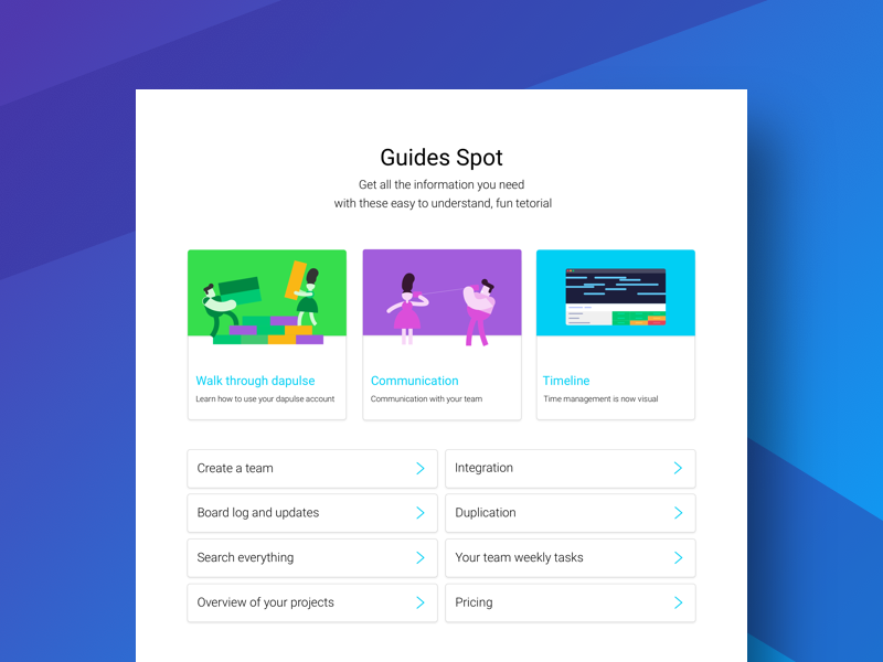 Guides page design colors dapulse design illustration product project management videos ui ux