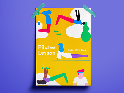 Pilates posters characters colors design flat graphic illustrations typography workout