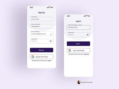 Sign Up and Log In Screens design mobile app mobileapp design poduct design ui