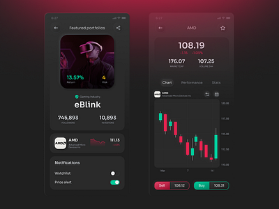 Investment platform Mobile app app dark mobile ui ui ux