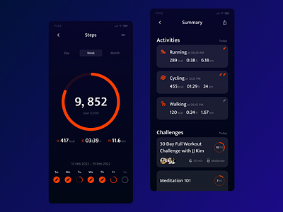 Fit track app app card dark design fitness mobile ui ui ux