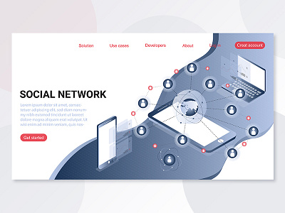 Landing page isometric social network app concept design flat graphic header illustration isometric landing page media minimal network simple slider social ui ux vector web website