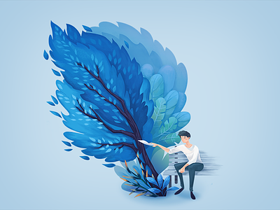 Blue blue boy illustration tree waiting wind
