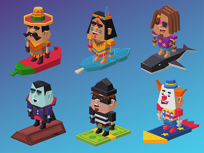 Rolly tube characters 1 character clown game indian lowpoly mexican surfer thief vampire