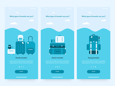 Onboarding for traveling app app design backpack clouds family illustration onboarding senior sketch suitcase suitcases travel travel agency trip ui ux young