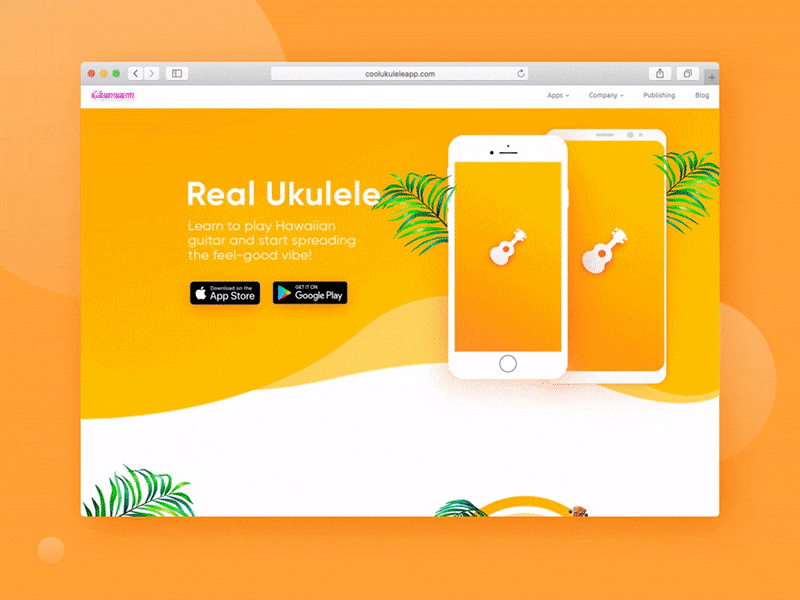 Landing for ukulele app android app belarus dymanic gradient guitar hawaii iphone landing marketing minsk music orange orange juice positive presentation promo typography uidesign ukulele
