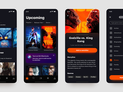 Upcoming App app app design app concept cinema darkmode film information filters listing minsk movie movie app movie card movie list primiere typography ui