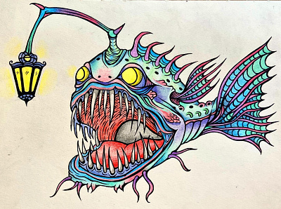 Angler Fish Coloured branding design drawing graphic design illustration ink logo