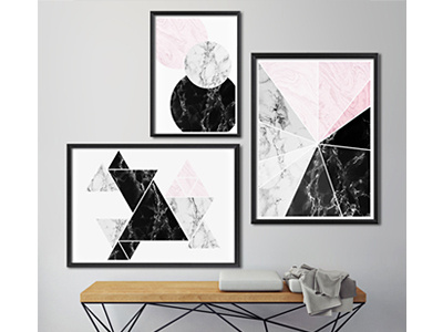 Set of 3 posters "Marble Figures" 3d abstrackt black geometrick grey marble minimal pink stones