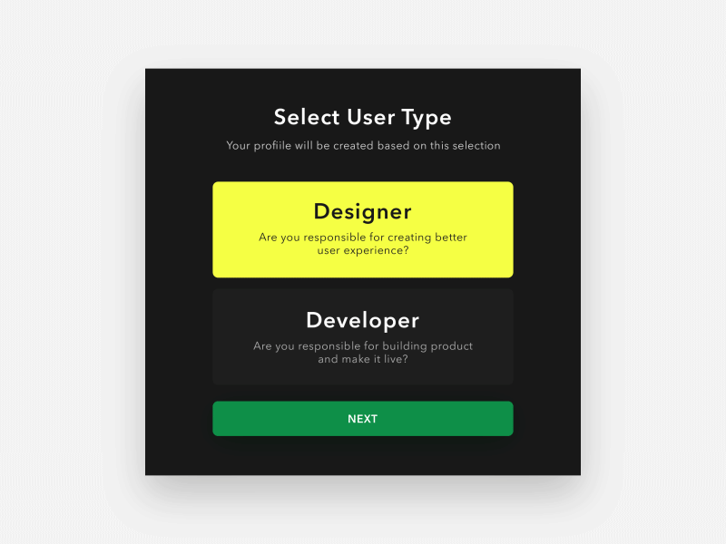 Select user type - Daily UI challenge 064 animaton dailyui designer developer interaction minimal motion prototype trending user ux