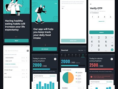 Food Intake Tracker Application android dark mode design food food app gradients graphs illustrations minimal tracking trending typography ui uiux ux