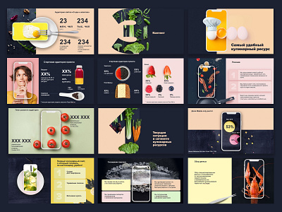 Presentation of a culinary mobile-first project 'Hi-chef' branding color cooking data design digital food food and drink food app foodadicted foody infographic mobile app photo presentation promo realistic slide trend yammy