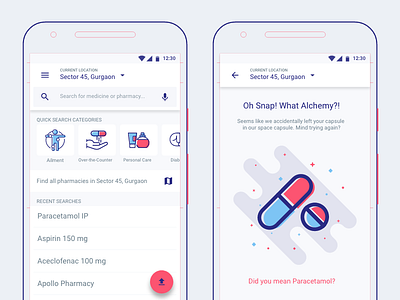 Hyperlocal Pharma Delivery Concept App Design android app healthcare iconography material design medical medicine page not found pharmacy search