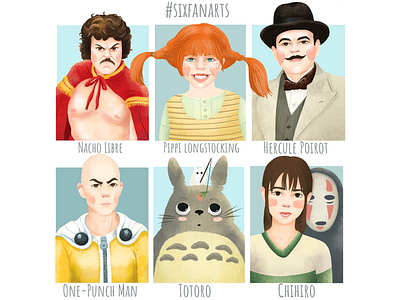 Six fan arts. anime art character design digital illustration movie style web