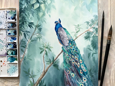 Watercolor Peacock in Paradise