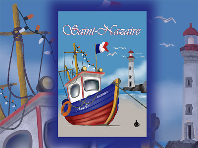 Saint-Nazaire Fishing boat atlantic ocean beach boat fishing france hand drawing illustration light house nft phares saint nazaire st.nazaire