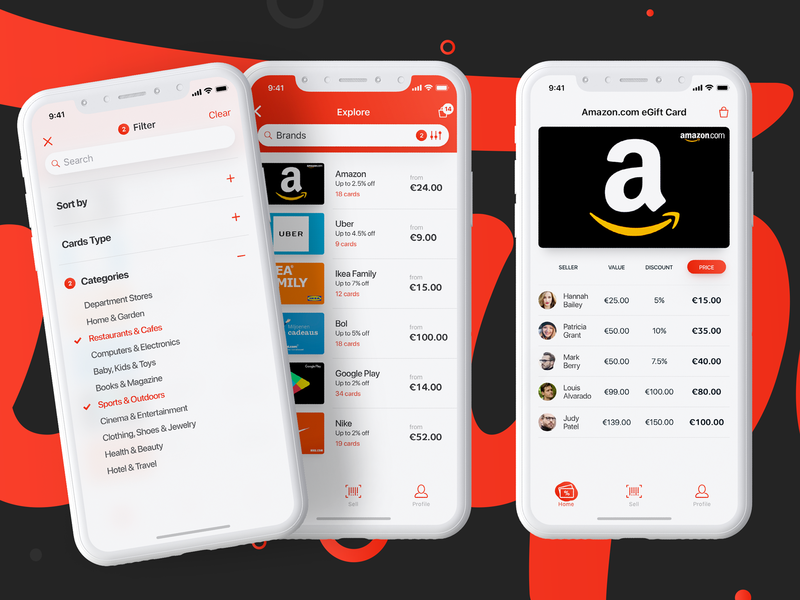 Swapify - Catalog & Filter app card catalog clean design details discount egift filter giftcard ios list mobile search search bar sellers tabbar ui ux white