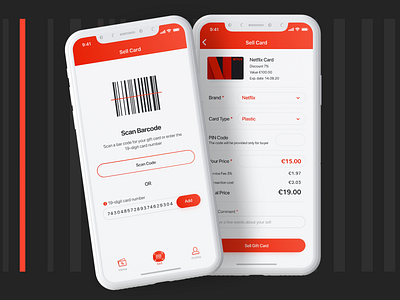 Swapify - Sell Gift Card app bar code card clear details discount egift form gift input field ios mobile price red scan sell ui ux white