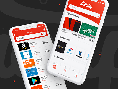 Swapify Mobile App app brand card catalog categories clear discount egift gift home ios list main mobile app price search bar tabbar top ux ui white