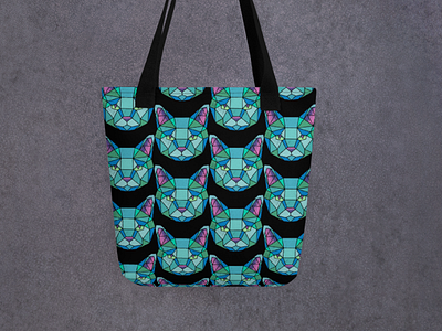 Geometric Stained Glass Cat Face Tote cat colorful geometric geometric animal illustration product design stained glass surface design surface pattern design