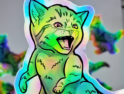 Kit-T-Rex Holographic Sticker cat design dinosaur holographic illustration meow product design sticker surface design