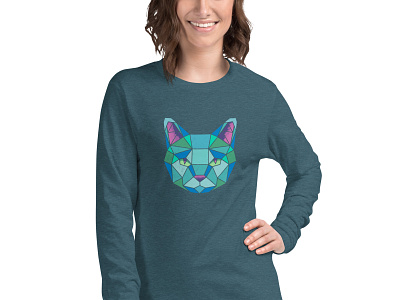 Geometric Stained Glass Cat Face Unisex Long Sleeve Tee animal illustration cat colorful geometric animal geometric cat geometric design illustration product design surface design