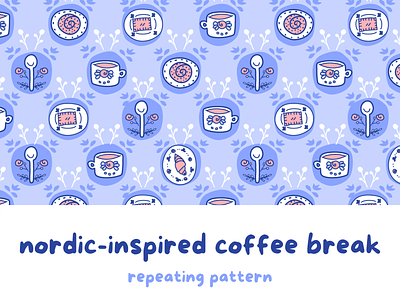 Nordic-Inspired Coffee Break Repeating Pattern adobe illustrator coffee break coffee fabric cute fabric folk art nordic style spoonflower surface design surface pattern sweets textile design vector whimsical