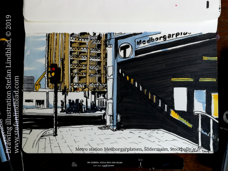 Drawing of Metro station entrance, Stockholm city illustration drawings