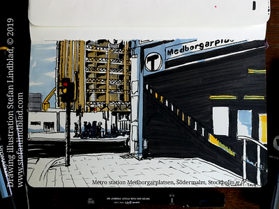 Drawing of Metro station entrance, Stockholm city illustration drawings