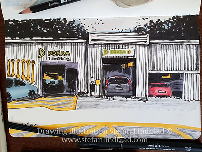 Car inspection garage drawing illustration drawing car