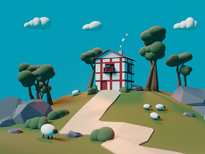 House from Pays Basque 3d art blender cloud illustration nature sheep trees