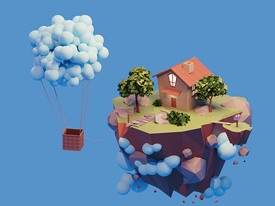 Up in the air 3d art cloud house illustration isometric tree