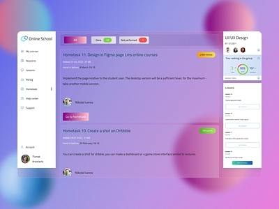 Visual display for online Design courses blur branding courses dashboard design education app education website glassmorfizm gradient graphic design learning platform lms menu concept online learning ui ui ux corses ux ux elements visual concept webdesign
