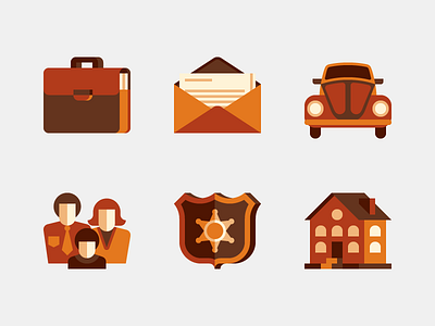 Icons briefcase brown car documents envelope family flat house icons shield white yellow