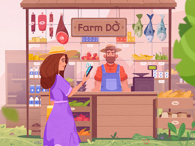 Marketplace art cartoon character farm farmer food illustration marketplace vector