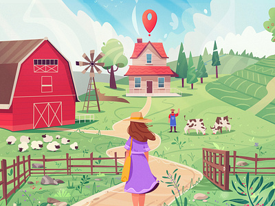 Farm house art cartoon character farm farmer house illustration landscape summer vector