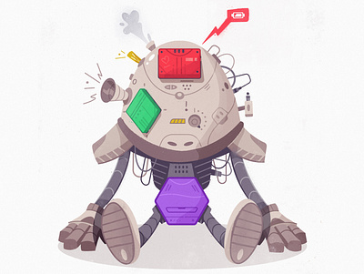Discharged robot broken cartoon character character design charge design futuristic illustration robot tech vector