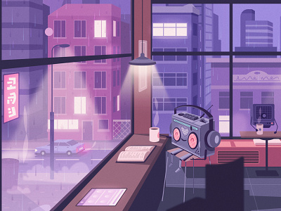 Lo-fi bot listens to music art bot cartoon character city coffee illustration illustrator lo fi music radio rainy robot vector