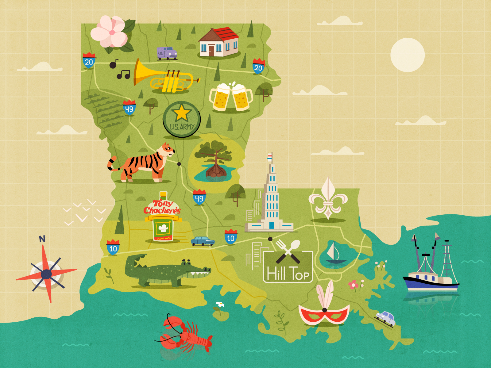 Map of Louisiana album art cartoon character design flat illustration louisiana map music usa vector