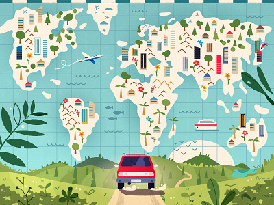 World map app art branding car cartoon design illustration map nature travel trip vector